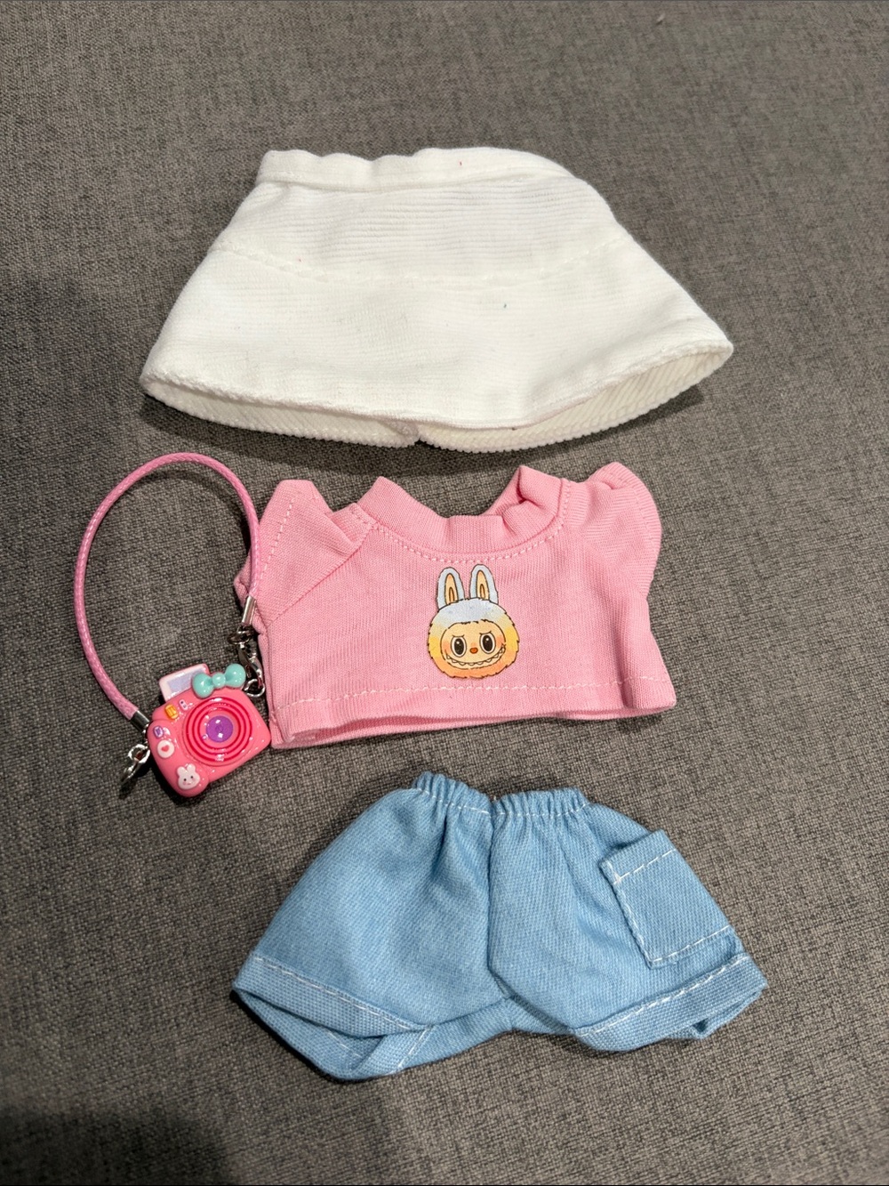Labubu or Small Doll Pink Top with White Hat and Blue Shorts Set